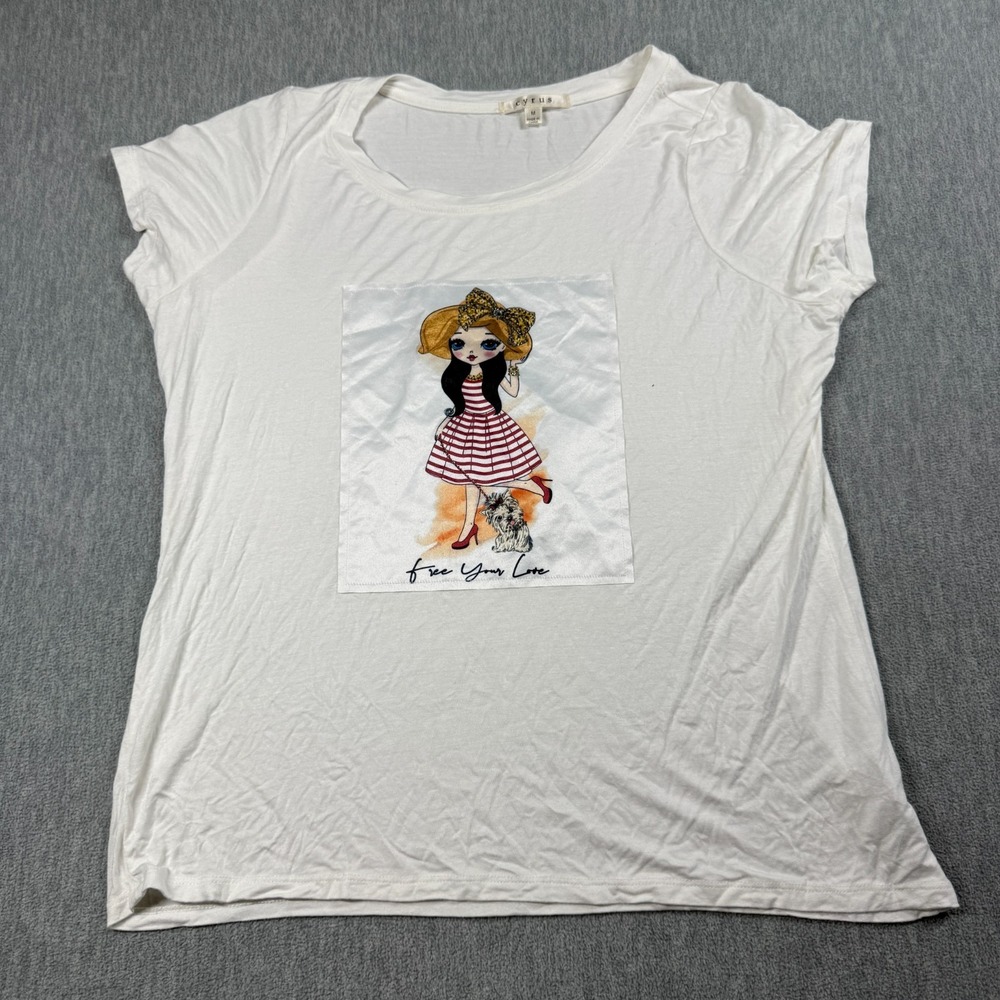 Cyrus T-Shirt Womens M White Graphic Hat Girl Dog Print Short Sleeve Slub Tee